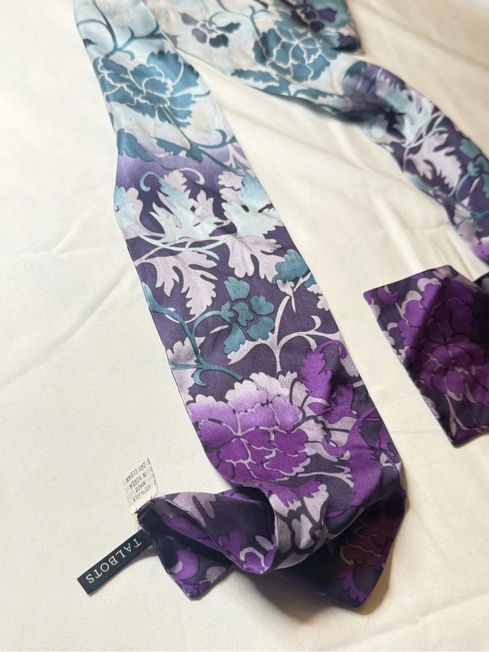 Vintage Floral Ombre Silk Scarf in Lavender, Teal & Navy